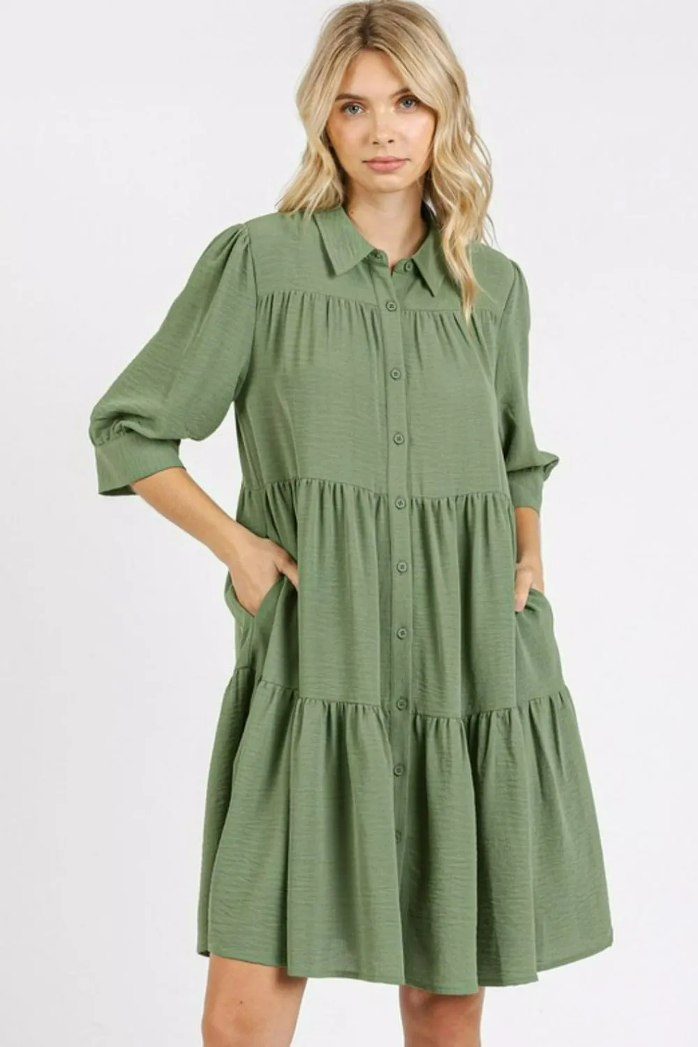 Button Detail Collared Neck Tiered Shirt Dress - Sage