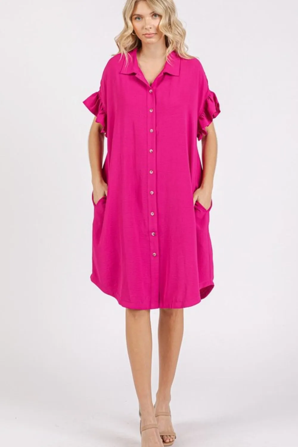 Button Down Flounce Sleeve Dress with Pockets - Fuchsia Pink