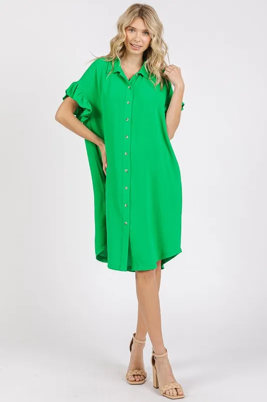 Button Down Flounce Sleeve Dress with Pockets - Green