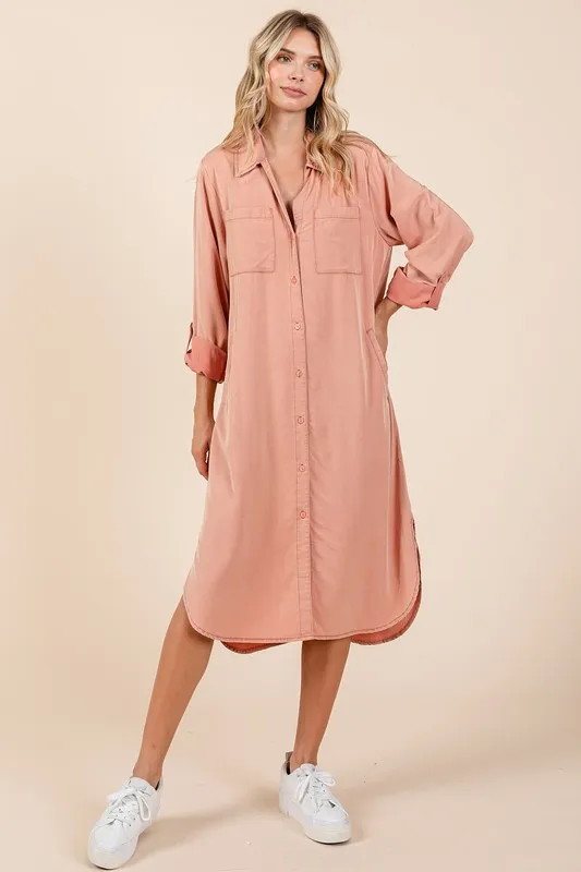 Button Down Long Sleeve Shirt Dress - Burnt Coral