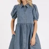 Button Down Puff Sleeve Denim Dress - Denim