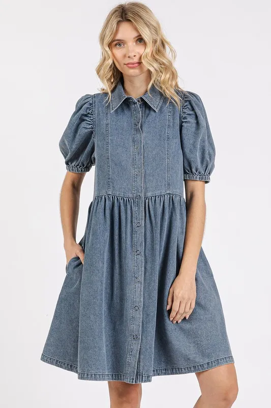 Button Down Puff Sleeve Denim Dress - Denim