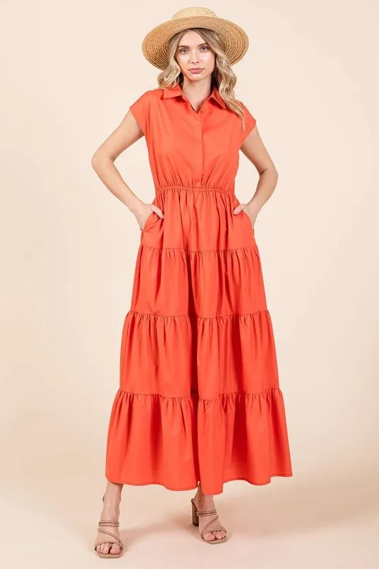 Button Up Collared Tiered Maxi Shirt Dress - Orange