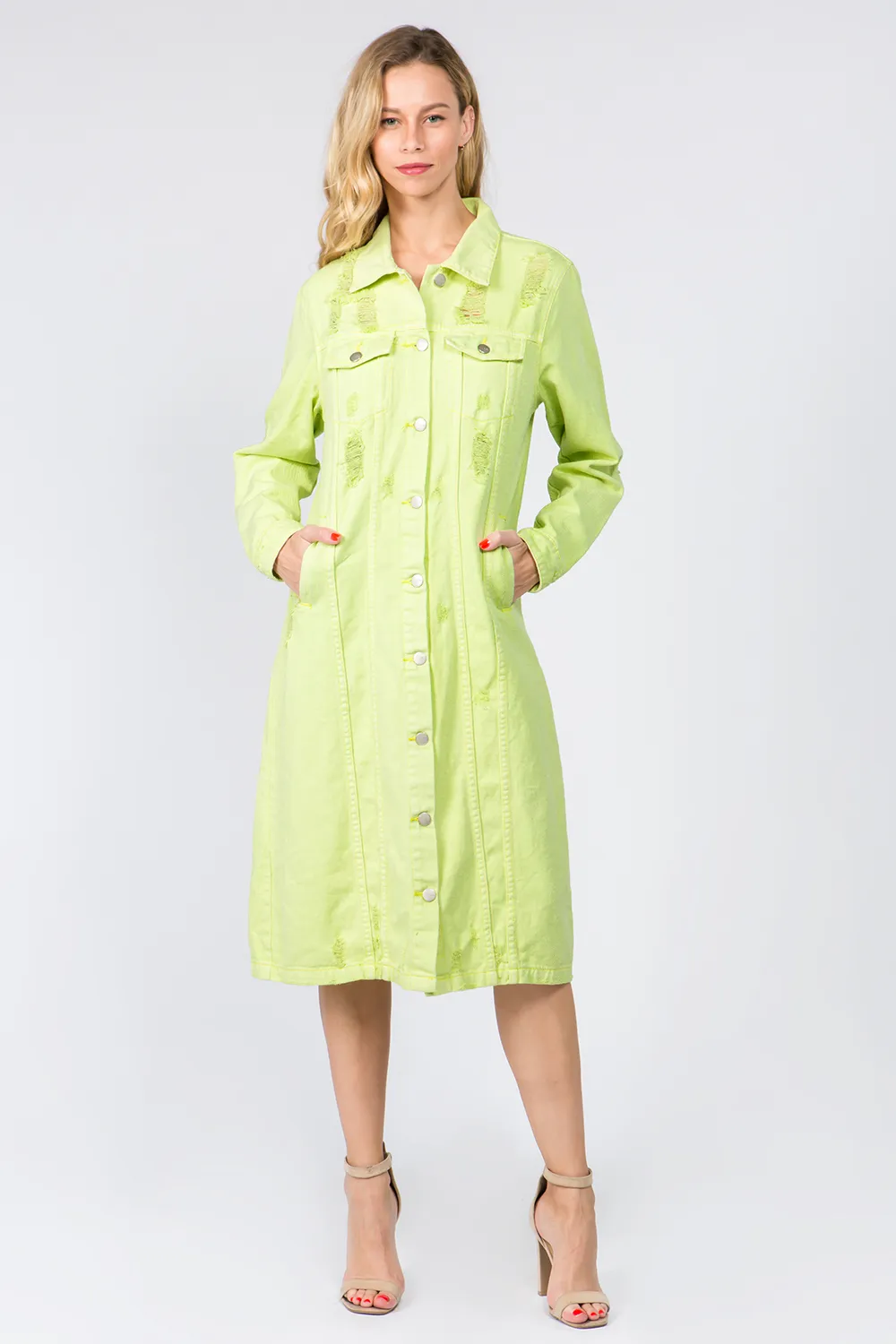 Button Up Distressed Denim Dress - Lime