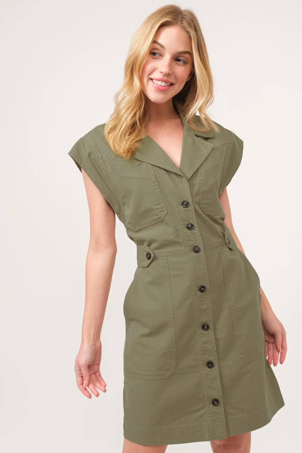 Button Up Sleeveless Dress - Olive