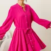 Button Up Texture Mini Dress with Braid Waist Strap - Fuchsia