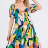 Ces Femme Abstract Print Sweetheart Neck Puff Sleeve Dress - Blue Multi