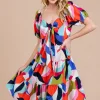 Ces Femme Abstract Print Sweetheart Neck Puff Sleeve Dress - Pink Multicolor