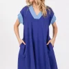 Ces Femme Contrast Trim V-Neck Short Sleeve Dress - Dark Blue