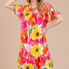 Ces Femme Floral Ruffled Short Sleeve Dress - Fuchsia Pink