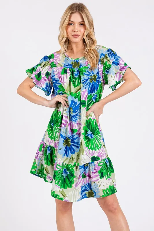 Ces Femme Floral Ruffled Short Sleeve Dress - Green
