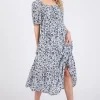 Ces Femme Floral Square Neck Puff Sleeve Midi Dress -  Pastel  Blue