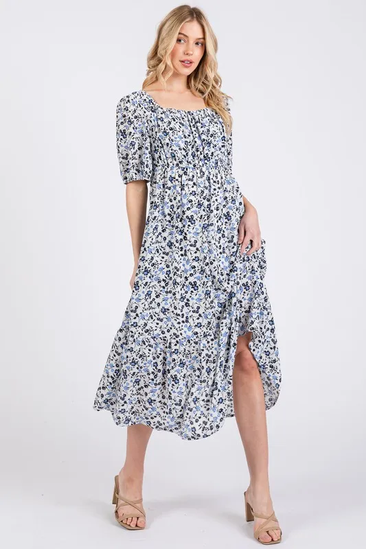 Ces Femme Floral Square Neck Puff Sleeve Midi Dress -  Pastel  Blue
