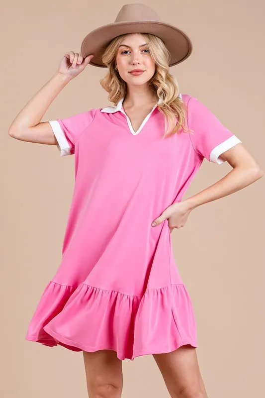 Ces Femme Ruffled Hem Johnny Collar Short Sleeve Dress - Fuchsia Pink