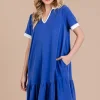 Ces Femme Ruffled Hem Johnny Collar Short Sleeve Dress - Royal Blue