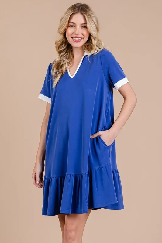 Ces Femme Ruffled Hem Johnny Collar Short Sleeve Dress - Royal Blue