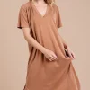 Ces Femme Side Slit Short Sleeve Midi Dress with Pockets - Caramel