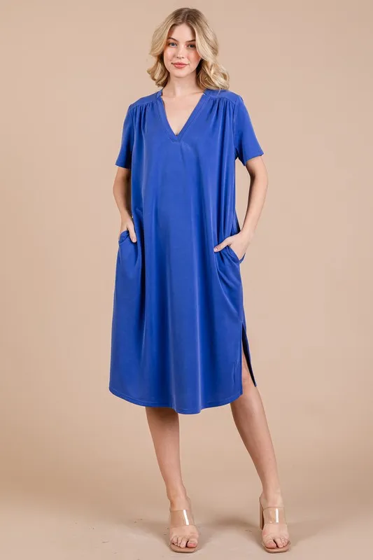 Ces Femme Side Slit Short Sleeve Midi Dress with Pockets - Royal Blue