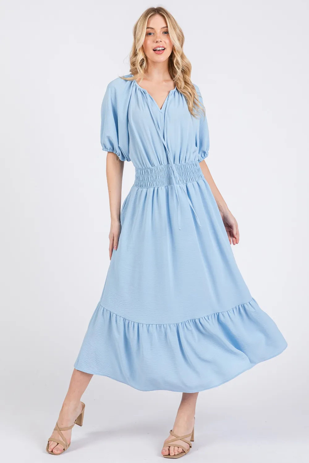Ces Femme Smocked Elastic Waist Tie Neck Puff Sleeve Dress - Blue