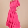 Ces Femme Smocked Elastic Waist Tie Neck Puff Sleeve Dress - Hot Pink