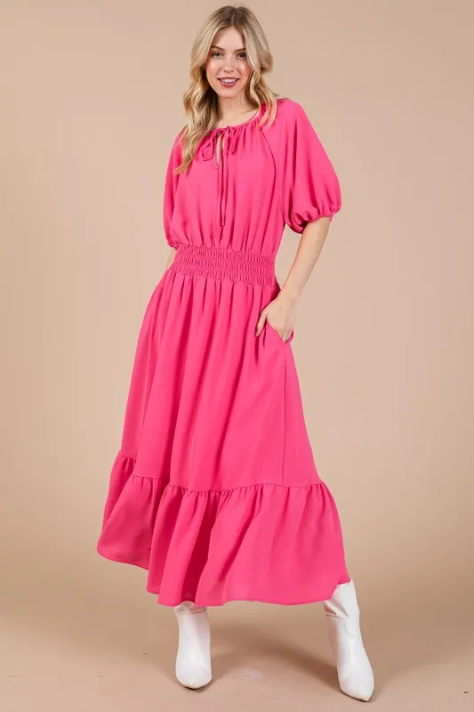 Ces Femme Smocked Elastic Waist Tie Neck Puff Sleeve Dress - Hot Pink