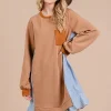 Ces Femme Striped Patchwork Round Neck Terry Sweatshirt Dress - Caramel