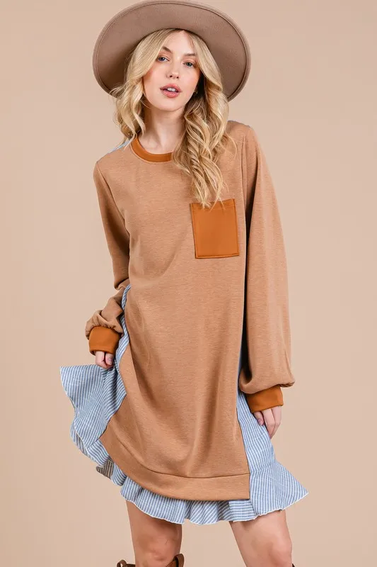 Ces-Femme-Striped-Patchwork-Round-Neck-Terry-Sweatshirt-Dress-Caramel-2
