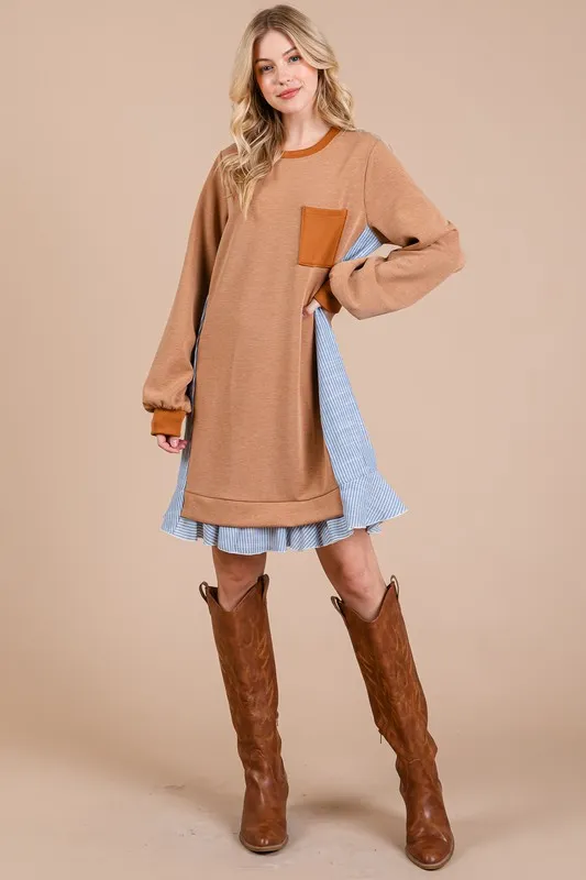 Ces-Femme-Striped-Patchwork-Round-Neck-Terry-Sweatshirt-Dress-Caramel-3