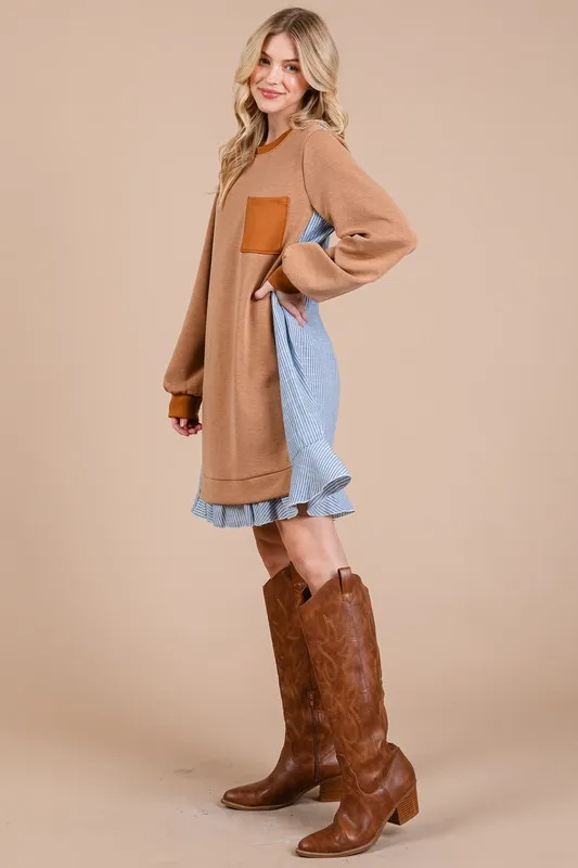 Ces-Femme-Striped-Patchwork-Round-Neck-Terry-Sweatshirt-Dress-Caramel-4