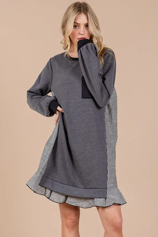 Ces-Femme-Striped-Patchwork-Round-Neck-Terry-Sweatshirt-Dress-Charcoal-3