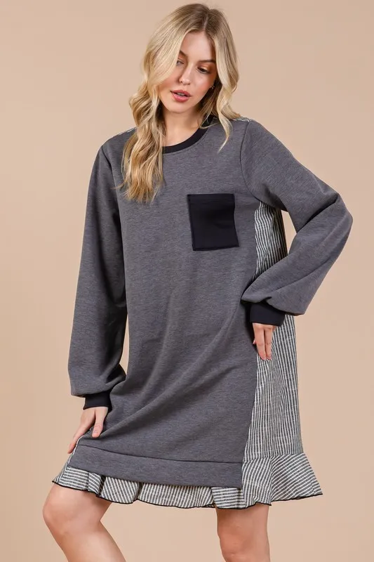 Ces-Femme-Striped-Patchwork-Round-Neck-Terry-Sweatshirt-Dress-Charcoal-4