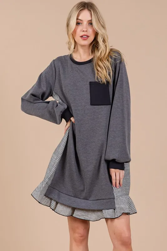 Ces Femme Striped Patchwork Round Neck Terry Sweatshirt Dress - Charcoal