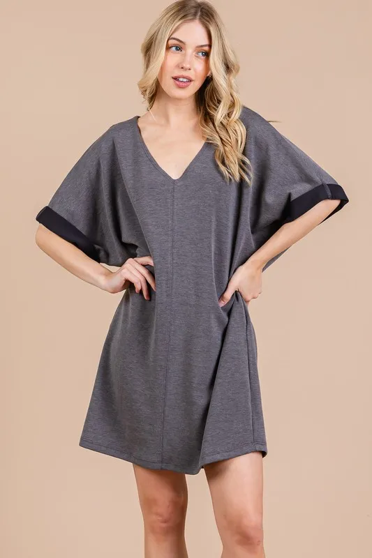 Ces Femme V-Neck Half Sleeve Dress - Charcoal
