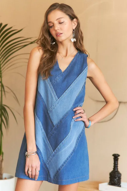 Chevron Color Block V-Neck Denim Dress -   Denim