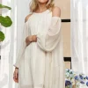 Cold Shoulder Balloon Sleeve Mini Dress - Beige