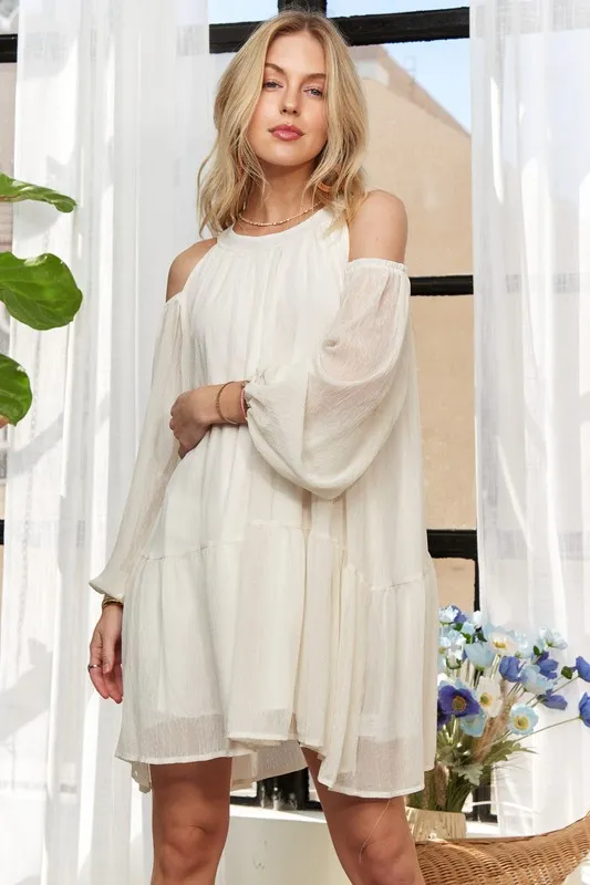 Cold Shoulder Balloon Sleeve Mini Dress - Beige