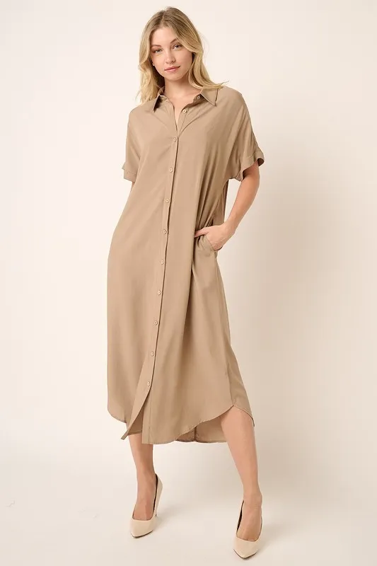 Collared Neck Dolman Short Sleeve Midi Shirt Dress - Camel
