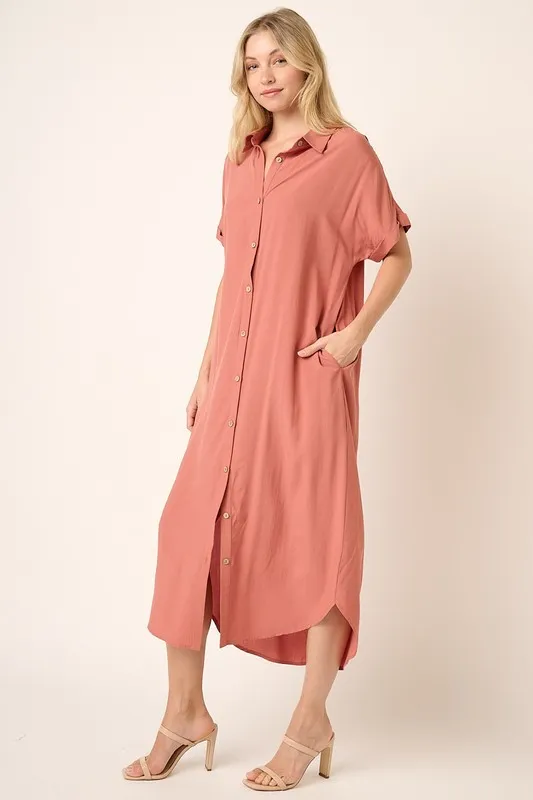 Collared-Neck-Dolman-Short-Sleeve-Midi-Shirt-Dress-Clay-3