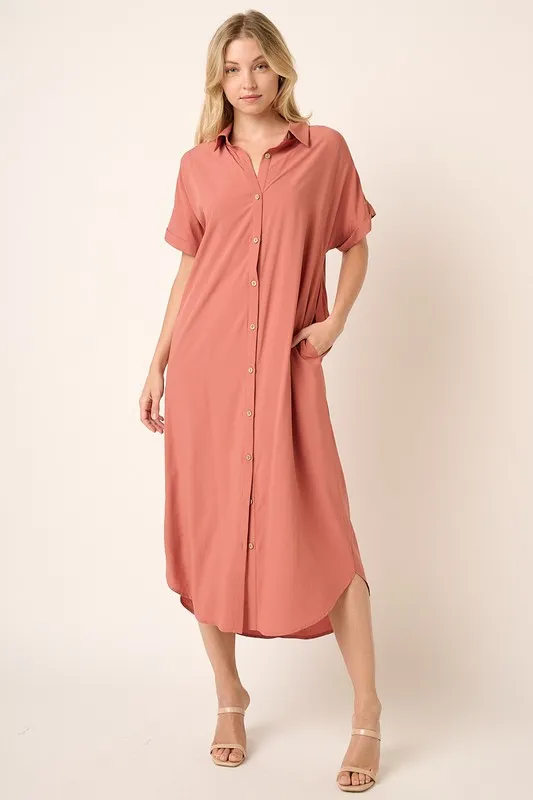 Collared-Neck-Dolman-Short-Sleeve-Midi-Shirt-Dress-Clay-4