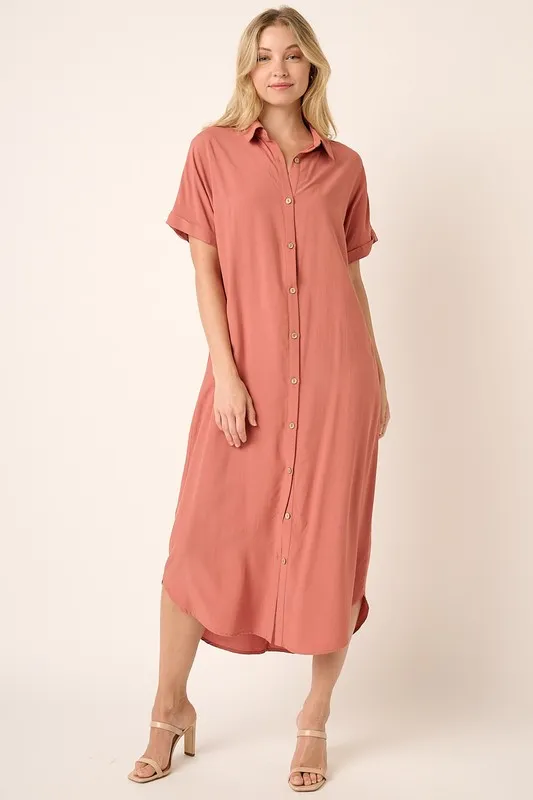 Collared Neck Dolman Short Sleeve Midi Shirt Dress - Clay