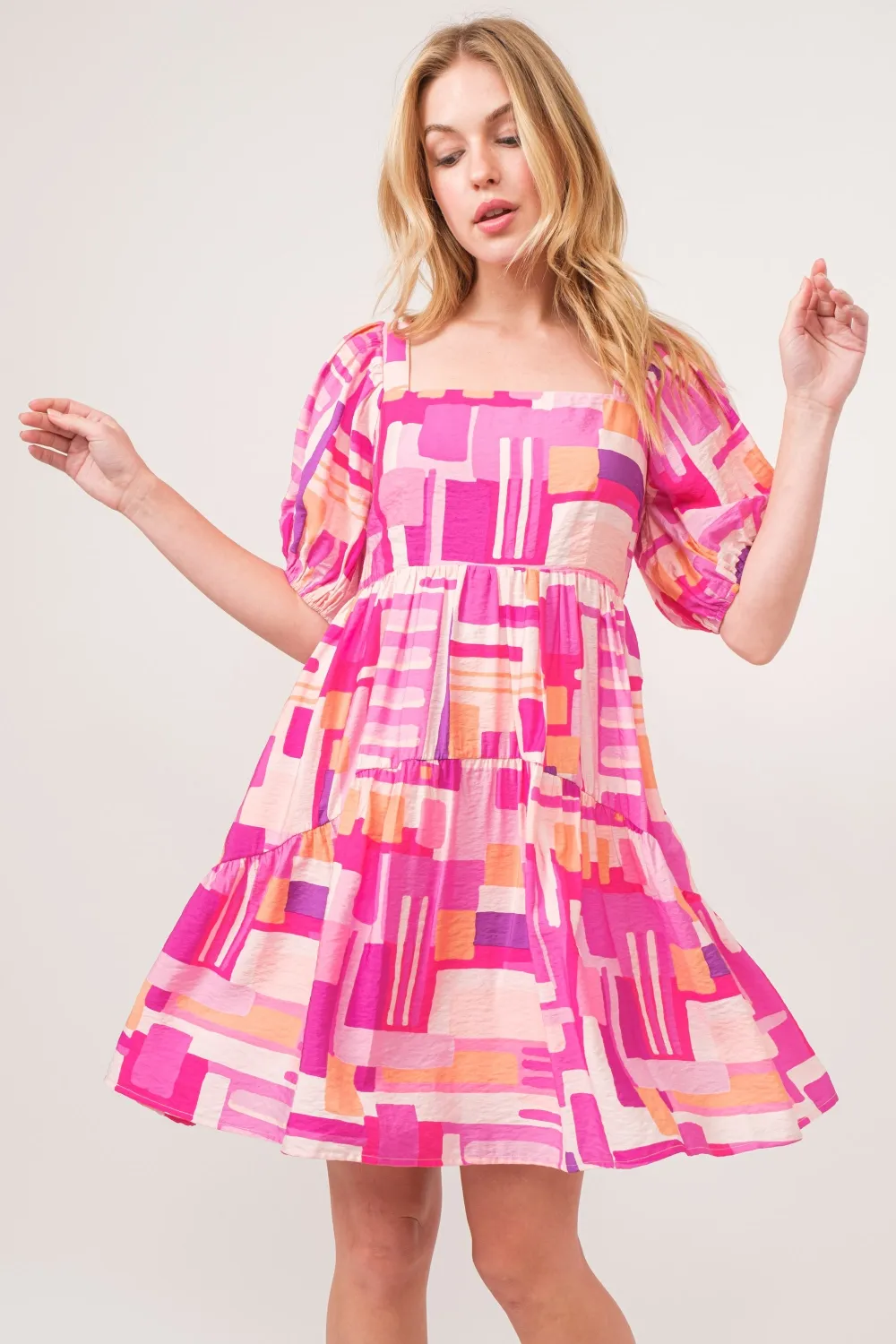Color-Block-Puff-Sleeve-Dress-Pink-Multi-2