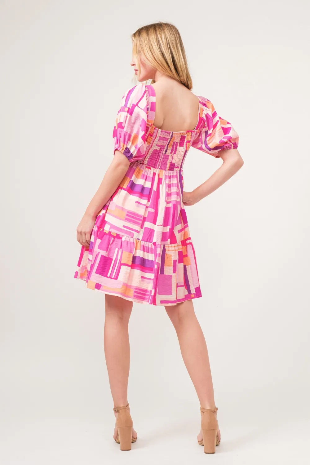 Color-Block-Puff-Sleeve-Dress-Pink-Multi-3