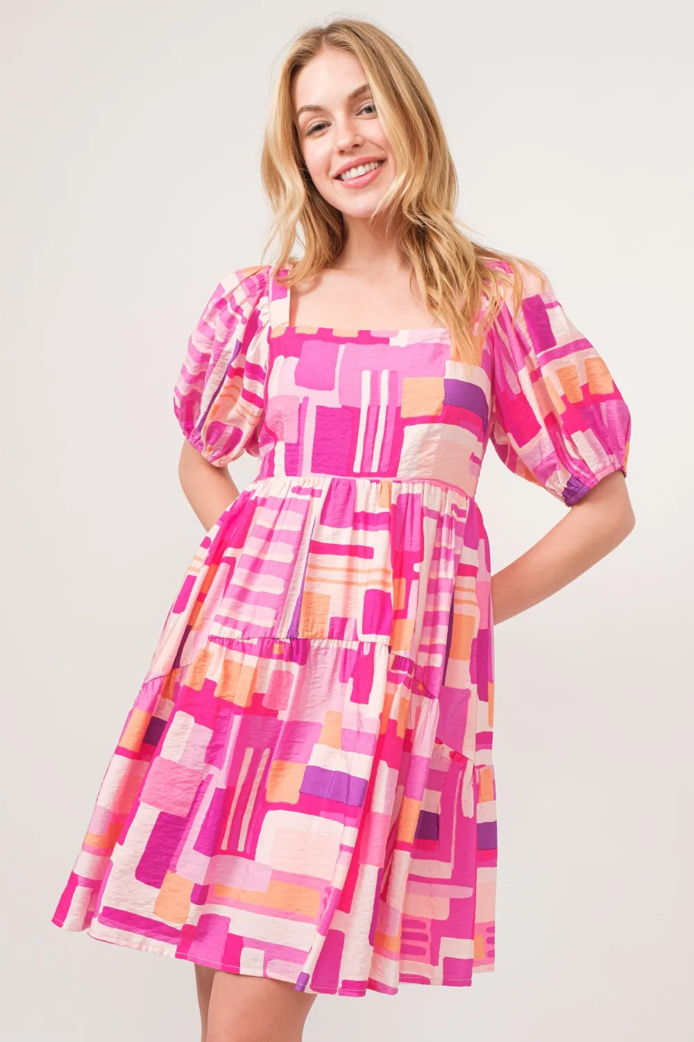 Color Block Puff Sleeve Dress - Pink Multi