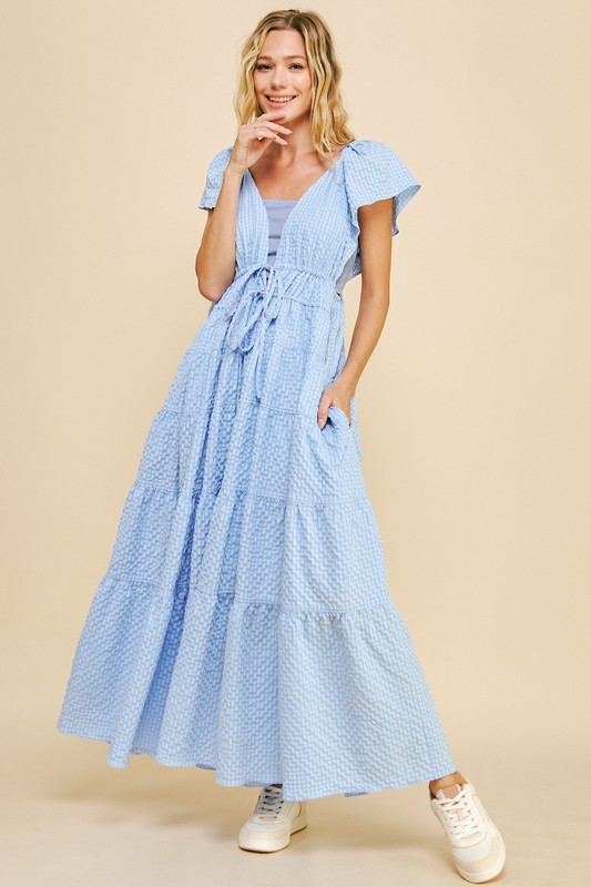 Crinkled Texture Flutter Cap Sleeve Midi Dress - Blue