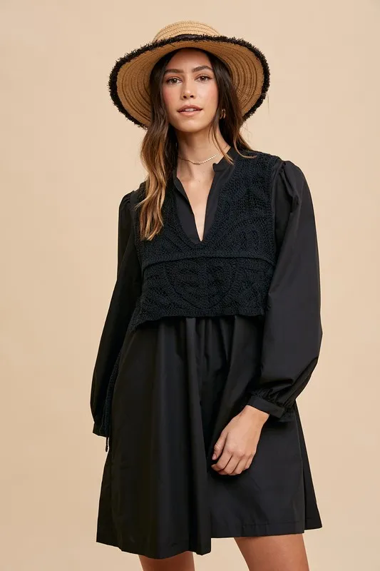 Crochet-Vest-Notched-Long-Sleeve-Shirt-Dress-Black-4
