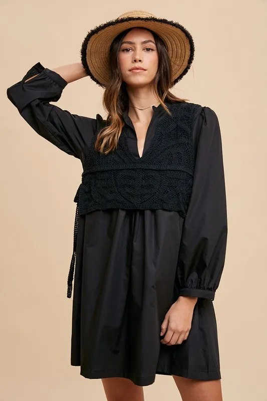 Crochet Vest Notched Long Sleeve Shirt Dress - Black