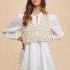 Crochet Vest Notched Long Sleeve Shirt Dress - White