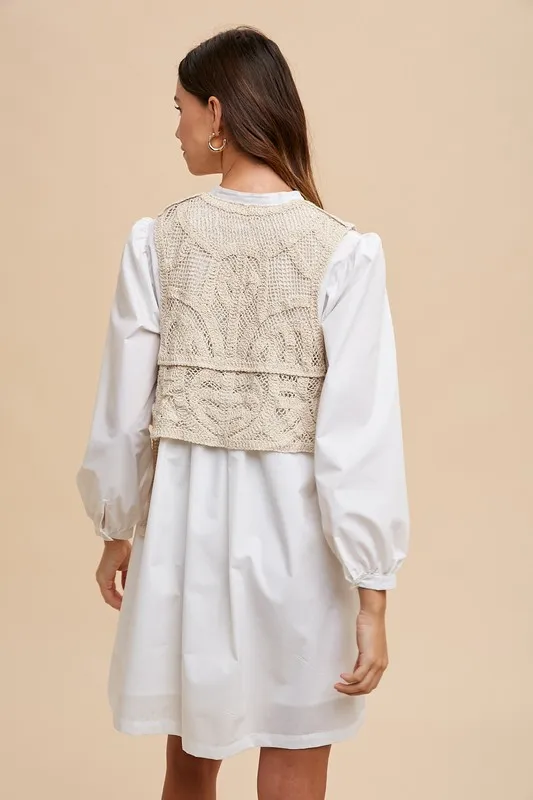 Crochet-Vest-Notched-Long-Sleeve-Shirt-Dress-White-2
