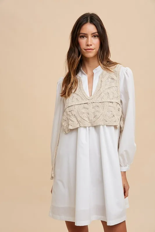 Crochet-Vest-Notched-Long-Sleeve-Shirt-Dress-White-3