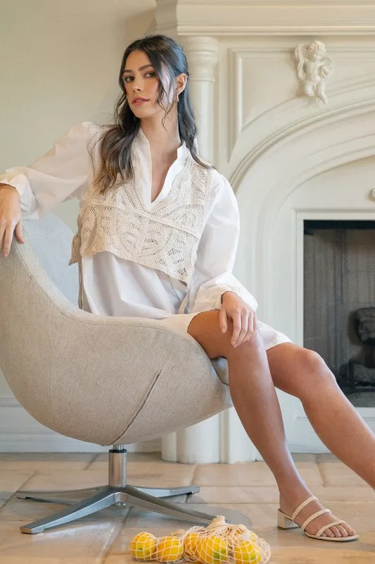 Crochet-Vest-Notched-Long-Sleeve-Shirt-Dress-White-4